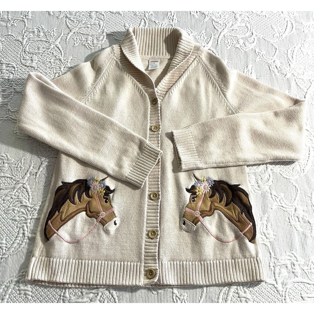 Gymboree Girls Embroidered Horse Shawl Cardigan Beige Size 12